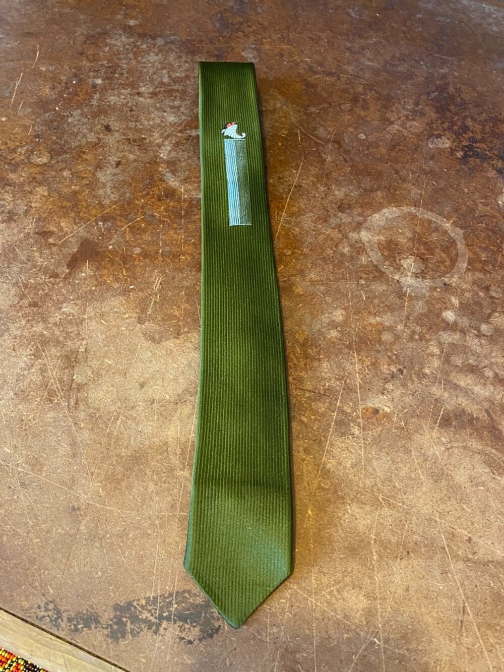 1950s Vintage Olive Green Slim Skinny Tie Cornucopia Embroidered Woven in France